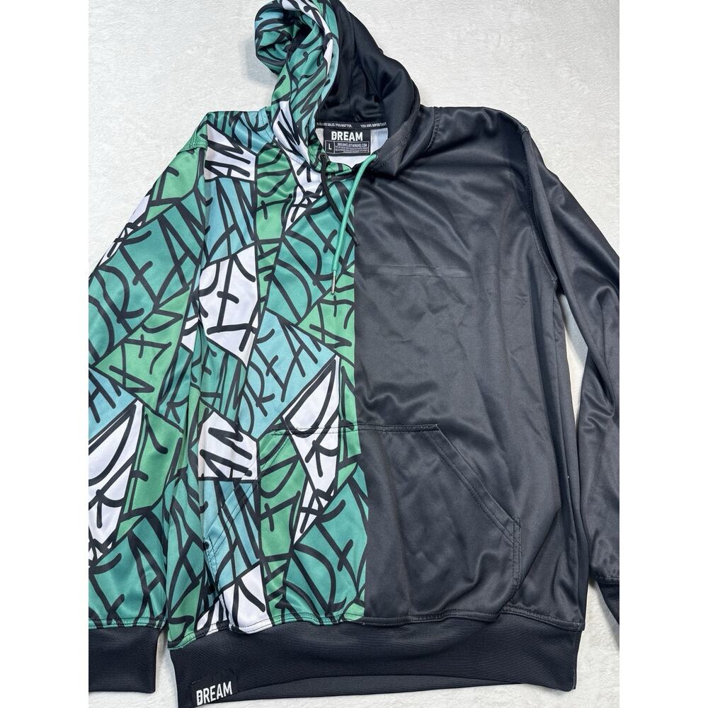 Dream Clothing Men’s Abstract Dream Green/White 1/2 Black Satin Hoodie Sz L